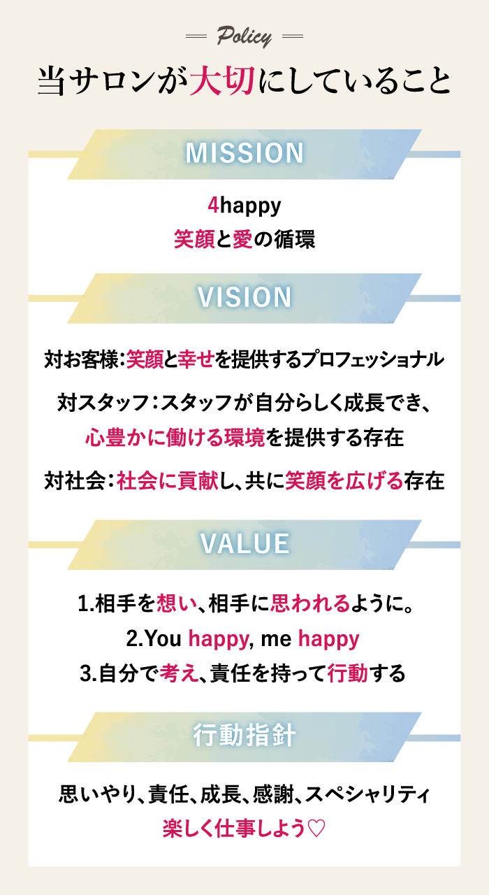 当サロンが大切にしていること　MISSION: 4happy　お客様、自分、仲間、全員が幸せになるサロン